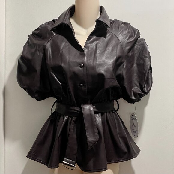 New Faux Leather Puff Sl. X Silhouette Button Up Whimsygoth Dark Romantic Top M - Picture 1 of 11